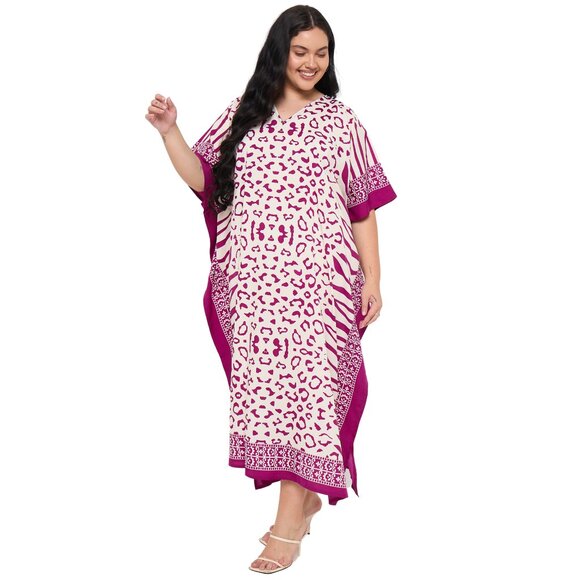 Gypsie Blu Leopard Printed Plus Size Kaftan Dress Stylish Beach Cover Up Maxi - Picture 3 of 7